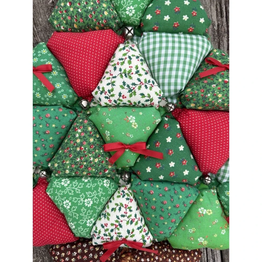 Handmade Quilted Patchwork Christmas Tree Wall Hanging with Jingle Bells Vintage